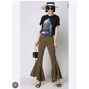 CAARA Duncan Pants Olive Green Flared Fringe Hem Cropped Pants Size 27 NWT Boho